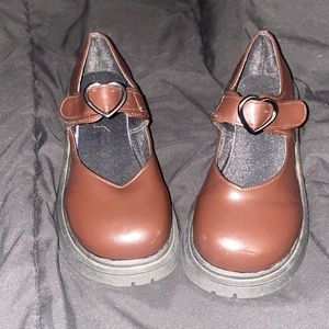 Heart detail, velcro strap, brown, size 6, faux leather, loafer shoe